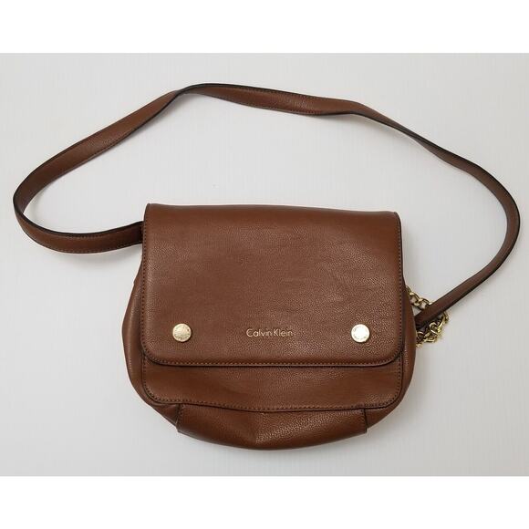 Calvin Klein Crossbody Bag Brown Small Chain CK Logo Purse Gold Hardware - Picture 1 of 15